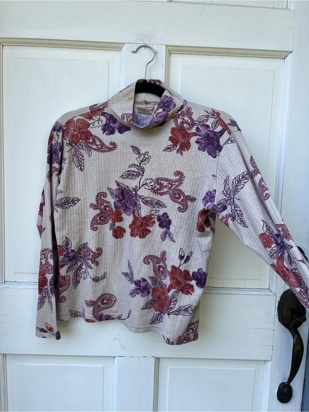 Bobbie Brooks Cream Floral Turtleneck Top with Purple & Rust Flowers